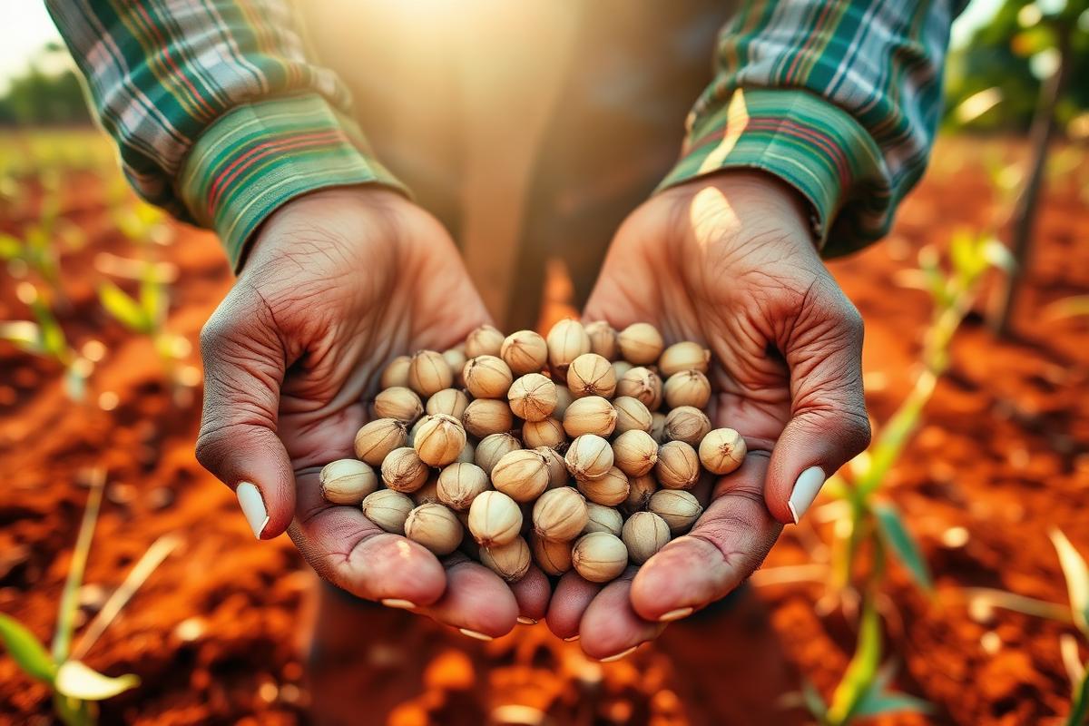 Farmer holding freshly harvested groundnuts in red soil