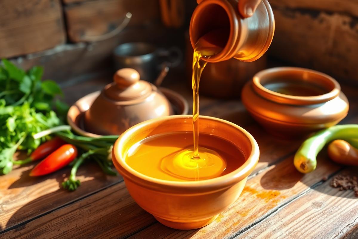 Wood-pressed oil poured into a terracotta bowl