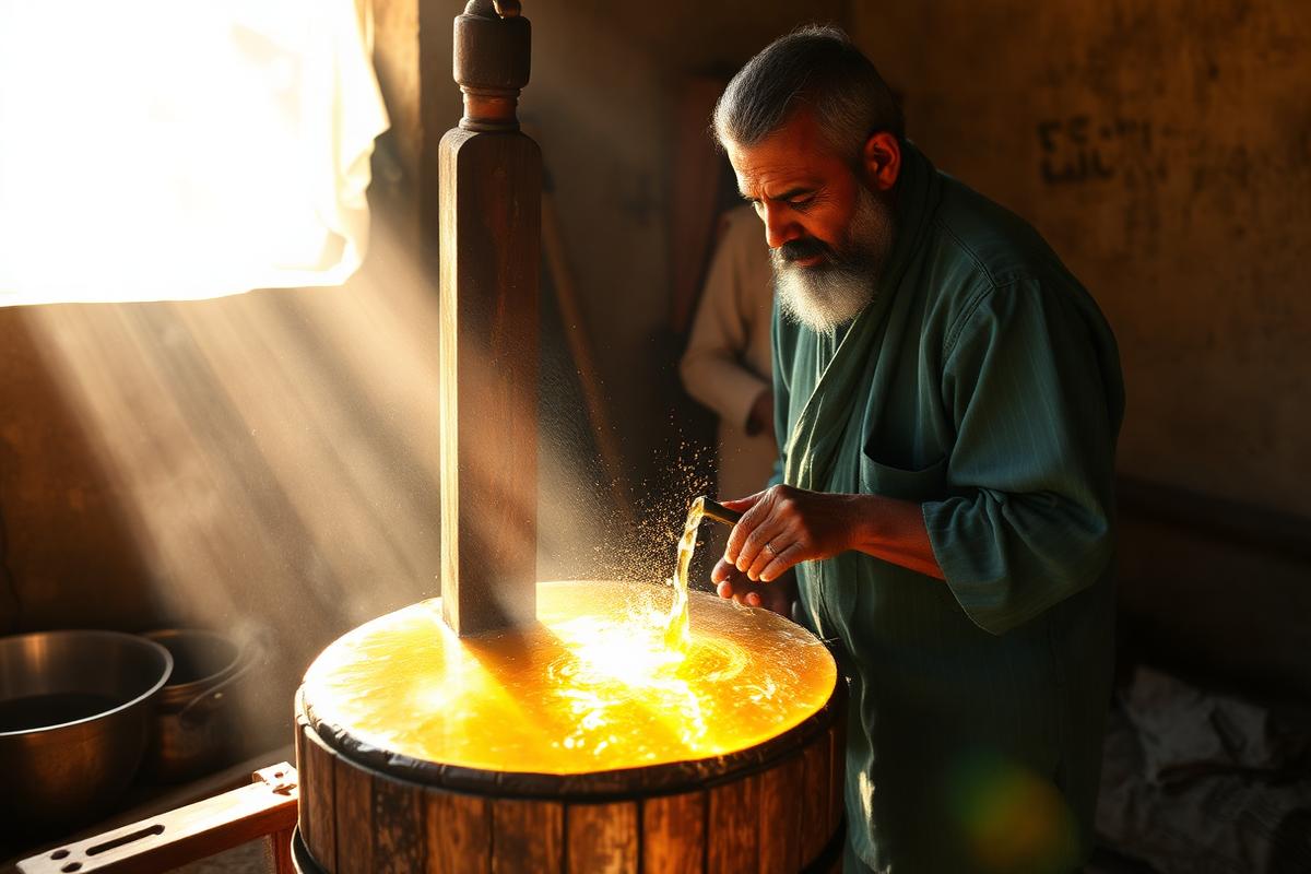 Golden oil flowing from a traditional wooden ghani press